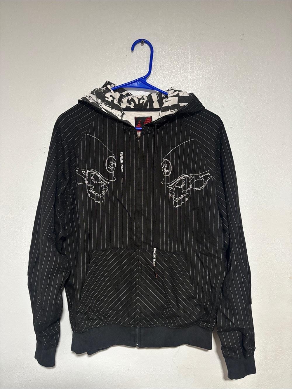 Metal Mulisha Black Pinstripe Zip-Up Hoodie with White Skull Graphics